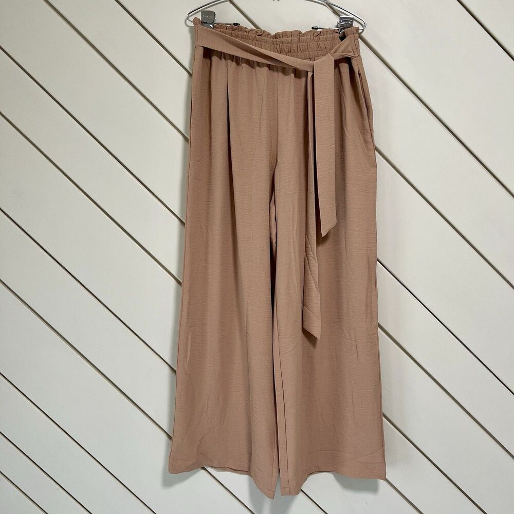 Hey Moments Beige Wide Leg Palazzo Pants XL Elastic Waist Tie Front Paperbag NWT